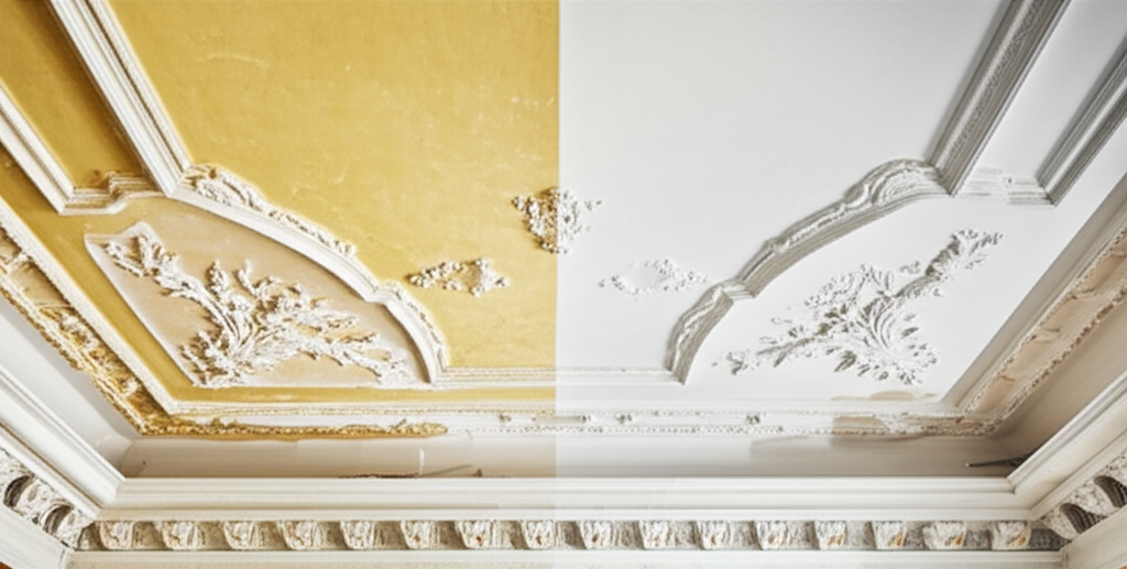 Aufwendige Stuckarbeiten an historischer Decke